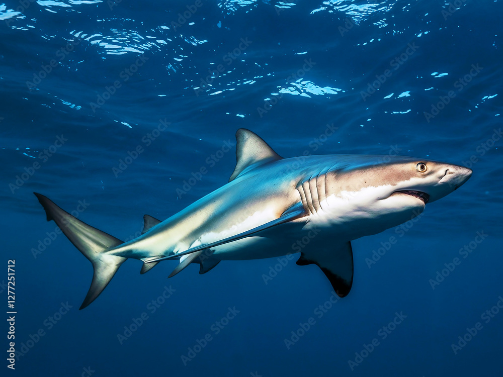 This is a photo of a Great White Shark swimming in the ocean. This is a photo of a Great White Shark swimming in the ocean.