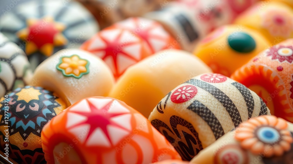 Fototapeta premium A close-up shot of colorful Kyoto traditional wagashi sweets with intricate designs and patterns, colorful, culture, close-up
