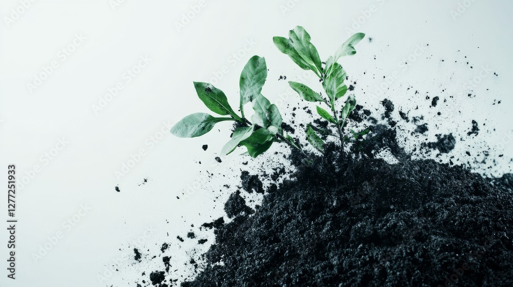 Naklejka premium Toxic fertilizer harming soil and crops. Featuring weak plants and poor soil quality