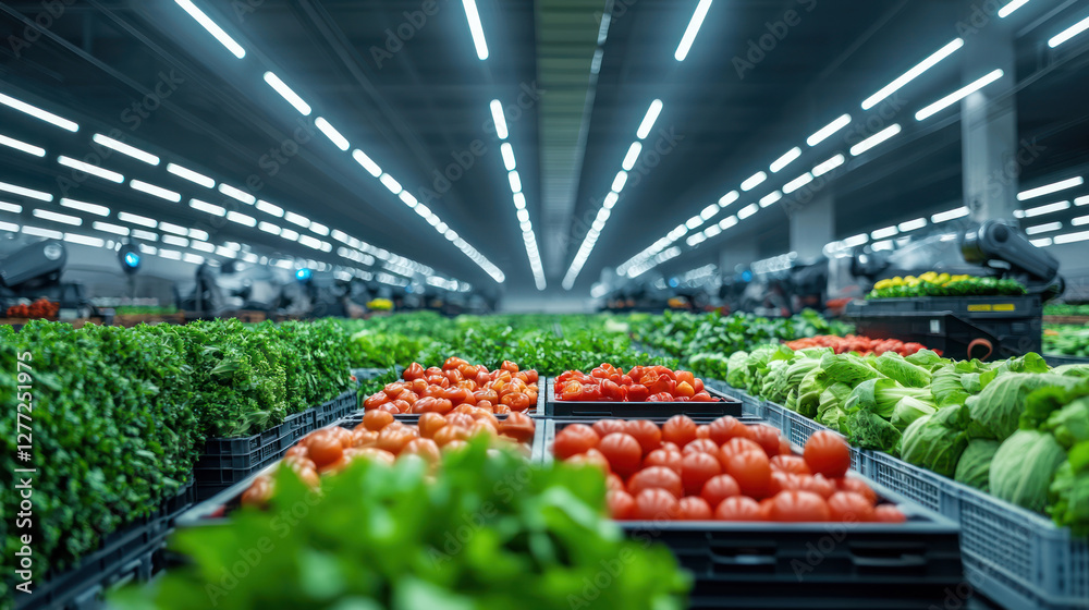 A Fresh produce in modern warehouse with automated sorting robots A Fresh produce in modern warehouse with automated sorting robots
