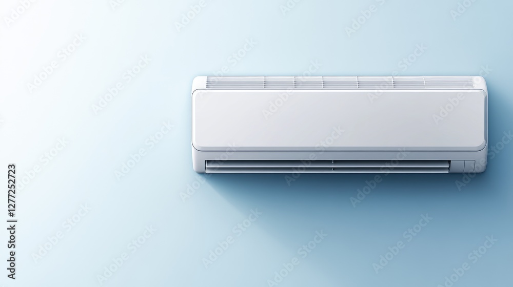 Luxury air conditioner with a stylish metallic finish, displayed on a pastel blue background, top view. Luxury air conditioner with a stylish metallic finish, displayed on a pastel blue background, top view.
