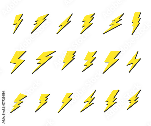 Piorun, błyskawica, wyładowanie elektryczne, grzmot. Zestaw elementów wektorowych w prostym kreskówkowym stylu.
