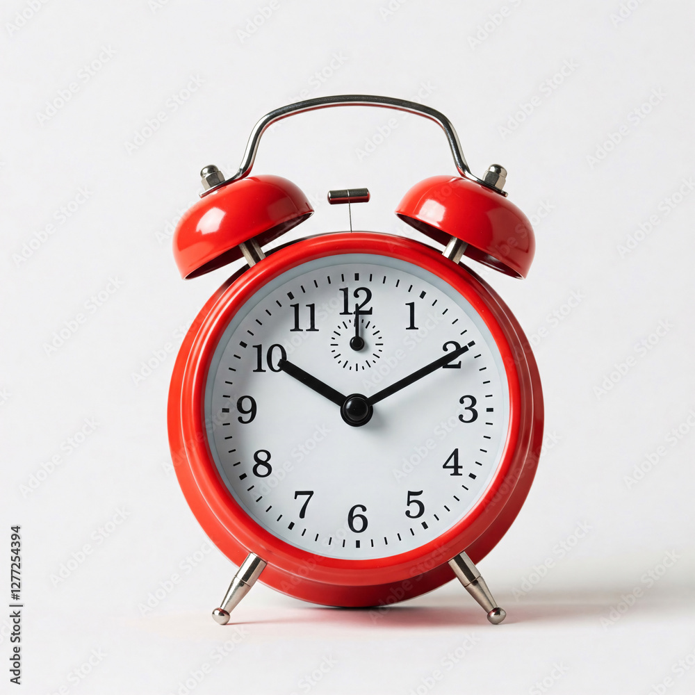 Red alarm clock isolated on white background. 3d illustration. Front view. Red alarm clock isolated on white background. 3d illustration. Front view.