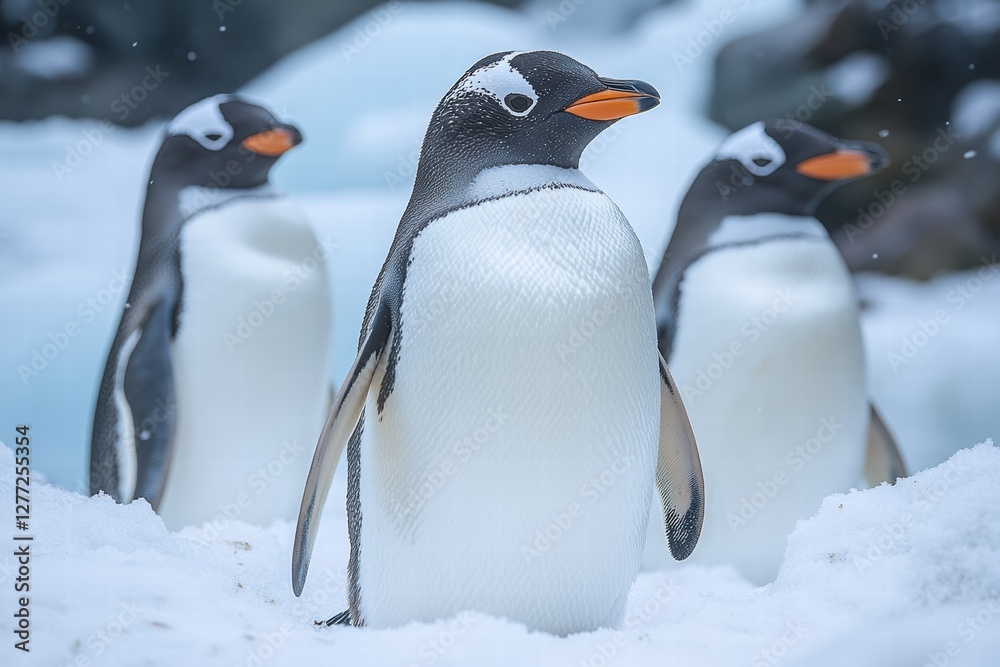 Fototapeta premium Penguins standing on snowy coast with icebergs in the background