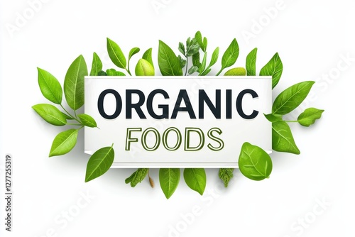 Organic food label logo design featuring vibrant leaves and fresh elements photo