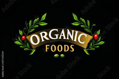 Creative organic food label logo design featuring vibrant illustrations of leaves