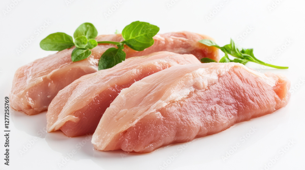 A Fresh chicken fillets with herbs on white background, ideal for cooking A Fresh chicken fillets with herbs on white background, ideal for cooking