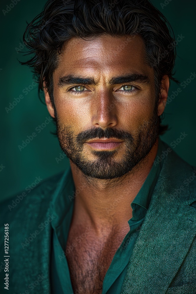 Obraz premium Portrait of a man with striking features and intense gaze captured against a dark green background