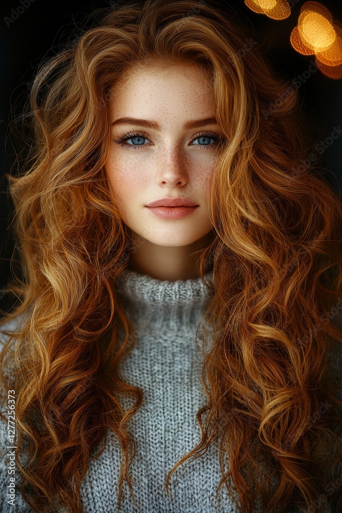 Fototapeta premium Beautiful young woman with curly red hair wearing a cozy sweater and captivating blue eyes in warm lighting