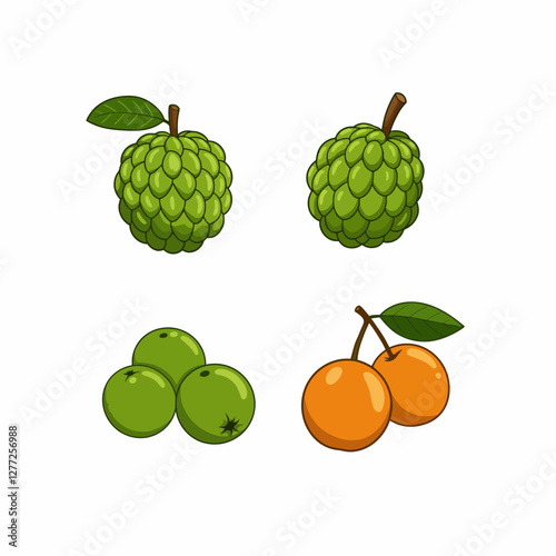 Cartoon Illustration of Tropical Fruits Including Sugar Apple, Green Apples, and Orange