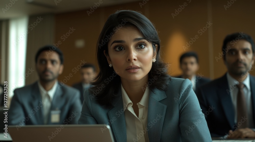 A professional Indian businesswoman using a laptop to display key business data while her team listens in an office conference room. A professional Indian businesswoman using a laptop to display key business data while her team listens in an office conference room.