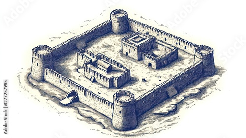 Desert fort architectural drawing, history photo