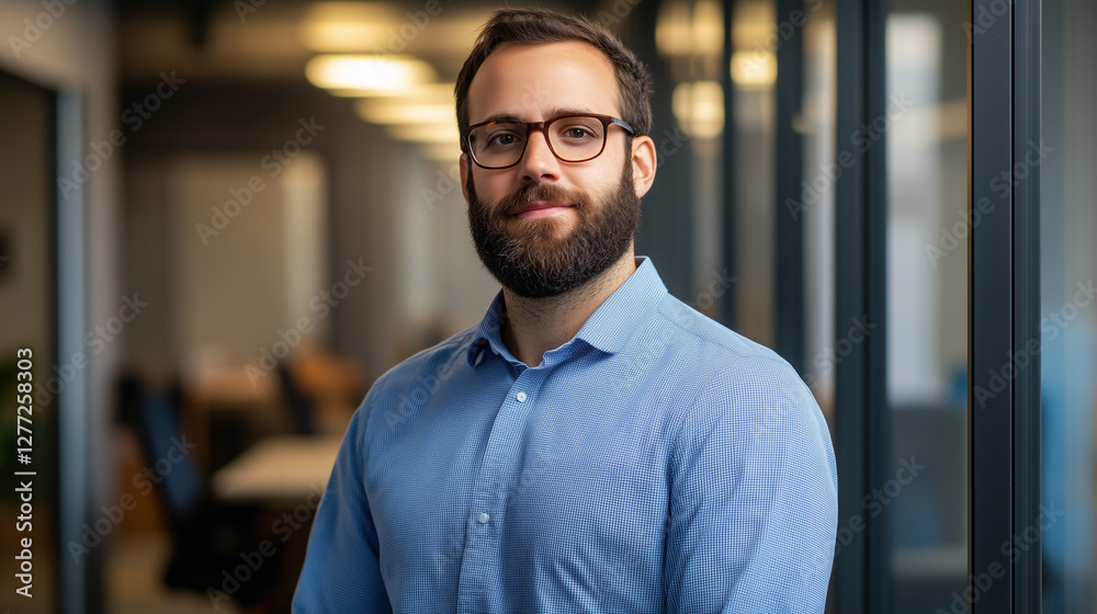 A smiling businessman with glasses and beard stands in office setting, exuding confidence and professionalism. A smiling businessman with glasses and beard stands in office setting, exuding confidence and professionalism.