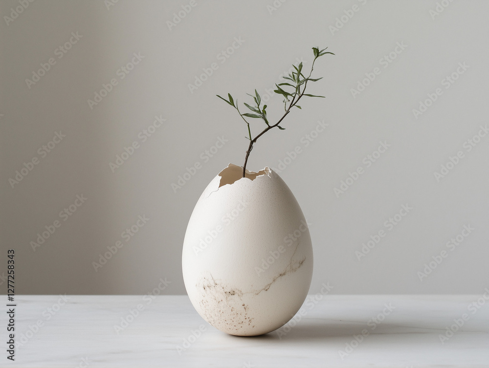 Unique plant arrangement in a cracked egg shell on a minimalist countertop enhances the decor Unique plant arrangement in a cracked egg shell on a minimalist countertop enhances the decor