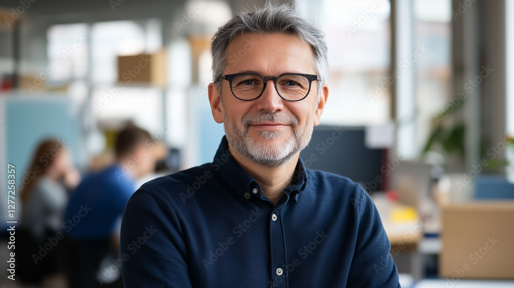 Obraz premium confident man with glasses smiles in modern office environment, showcasing professionalism and approachability.
