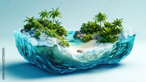 Tropical island paradise with lush vegetation, sandy beach, and turquoise water, depicted in a surreal, floating style. photo