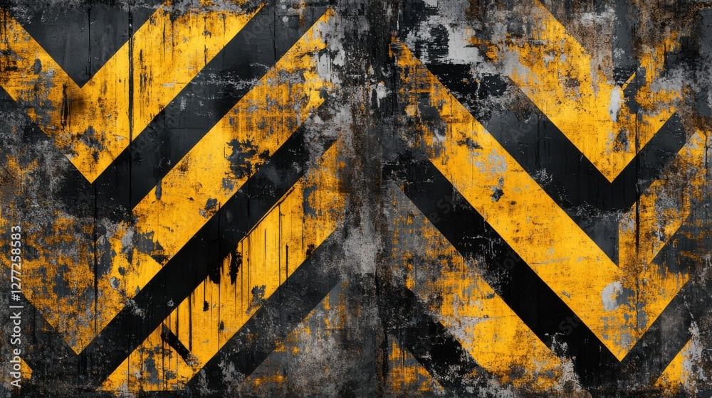 Obraz premium Grungy Industrial Wall with Black and Yellow Chevron Pattern