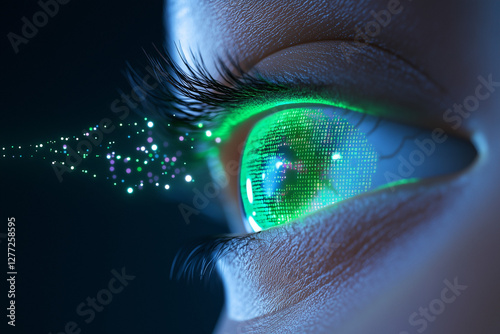 Digital eye projecting vibrant green data visuals in a futuristic setting photo