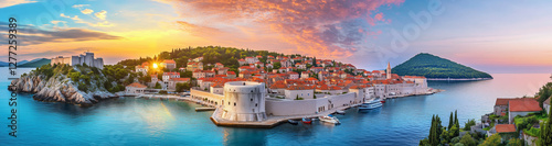 Scenic coastal fortress and medieval town at sunset
