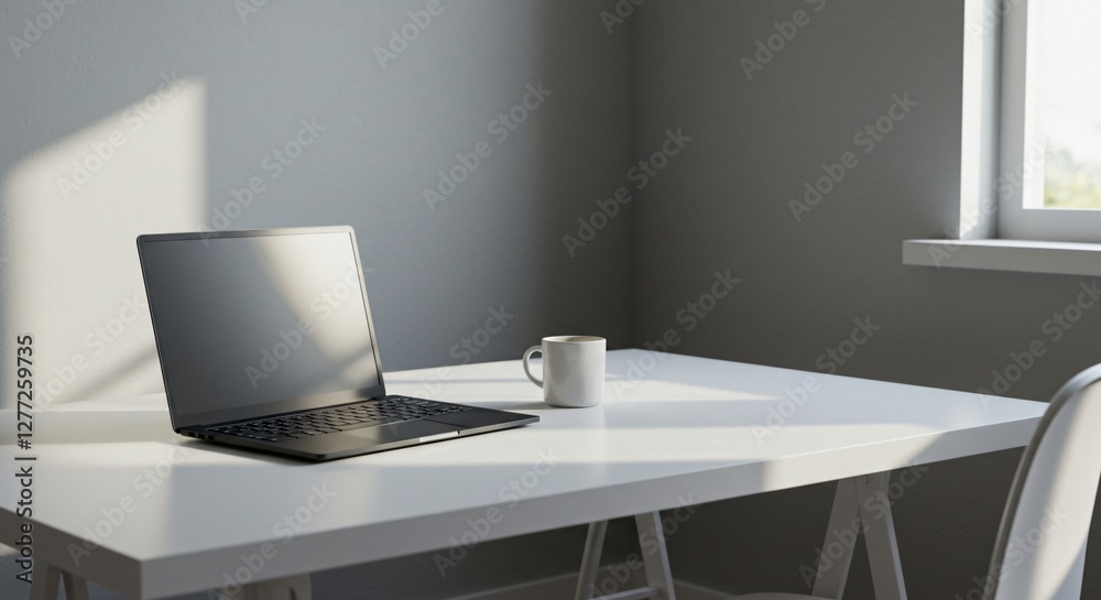 Fototapeta premium Minimalist workspace with a clean desk, laptop, and a cup of coffee