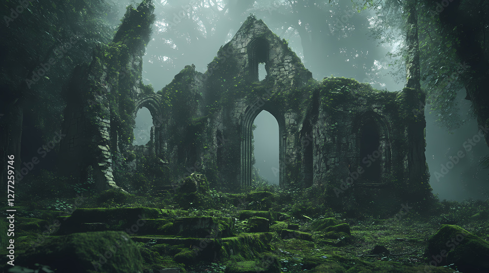 Ancient ruins covered in moss in mysterious forest, eerie and enchanted scene. Cursed Enchanted Forest. Illustration Ancient ruins covered in moss in mysterious forest, eerie and enchanted scene. Cursed Enchanted Forest. Illustration
