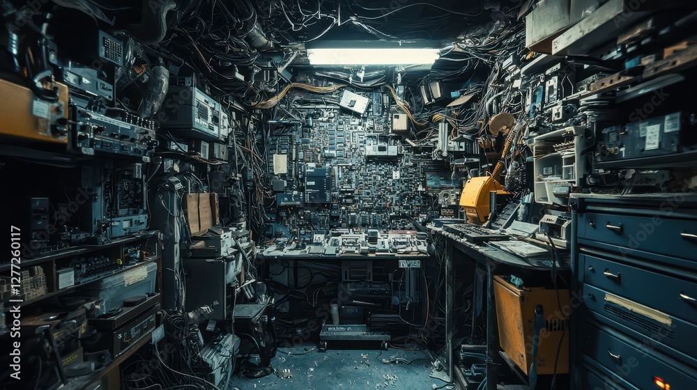 Intricate Tangle of Wires and Electronics in a Dimly Lit Workshop Intricate Tangle of Wires and Electronics in a Dimly Lit Workshop