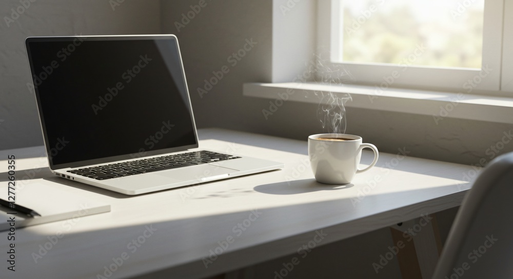 Minimalist workspace with a clean desk, laptop, and a cup of coffee Minimalist workspace with a clean desk, laptop, and a cup of coffee