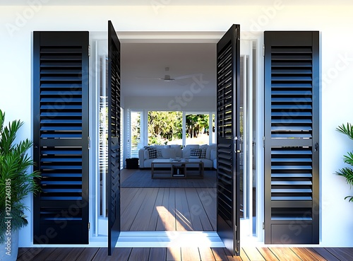 A front door of an Australian house with white walls and black shutters on the sides, wooden floor in a dark brown color, open entrance to the living room