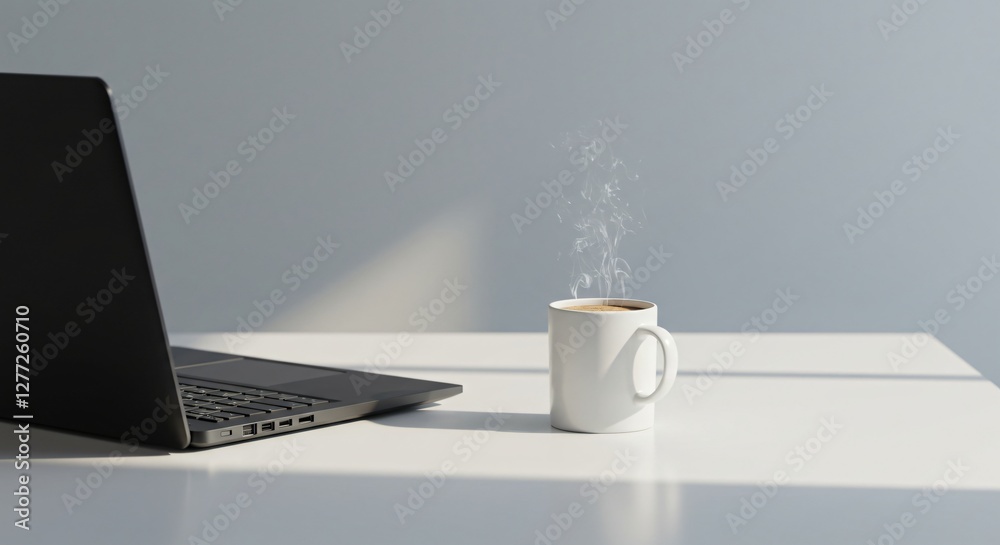 Fototapeta premium Minimalist workspace with a clean desk, laptop, and a cup of coffee