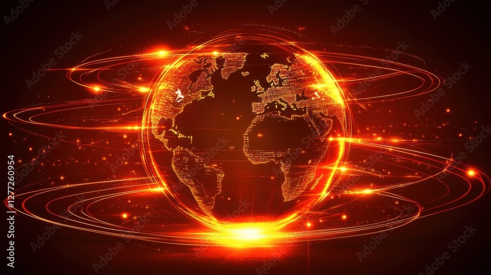 Fototapeta premium Glowing Earth with Dynamic Energy Circles on Dark Background