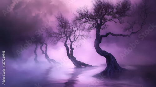 Cursed mist enveloping twisted trees enchanted forest digital art ethereal atmosphere mysterious perspective. Cursed Enchanted Forest. Illustration photo