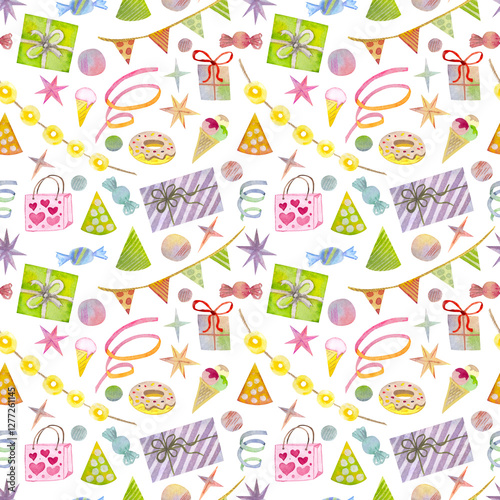 A seamless hand-painted watercolor pattern with festive birthday elements: gifts, balloons, sweets, and decorations. Ideal for wrapping paper, party decor, textile, and cheerful holiday designs.