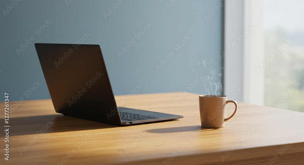 Minimalist workspace with a clean desk, laptop, and a cup of coffee Minimalist workspace with a clean desk, laptop, and a cup of coffee
