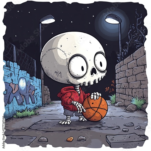 A cartoon skeleton wearing a red hoodie stands on a street at night, holding a basketball.