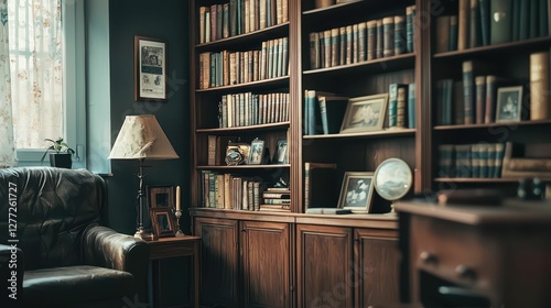 Cozy Library with Wooden Bookshelves and Warm Lighting Atmosphere