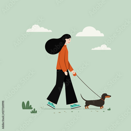 Woman Walking Dachshund Dog in Park Illustration with Clouds