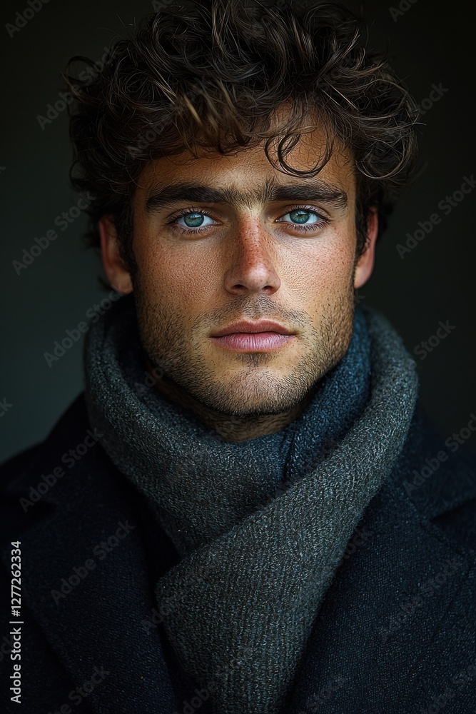 Young man with curly hair and striking blue eyes wearing a dark scarf, captured in a moody indoor setting Young man with curly hair and striking blue eyes wearing a dark scarf, captured in a moody indoor setting