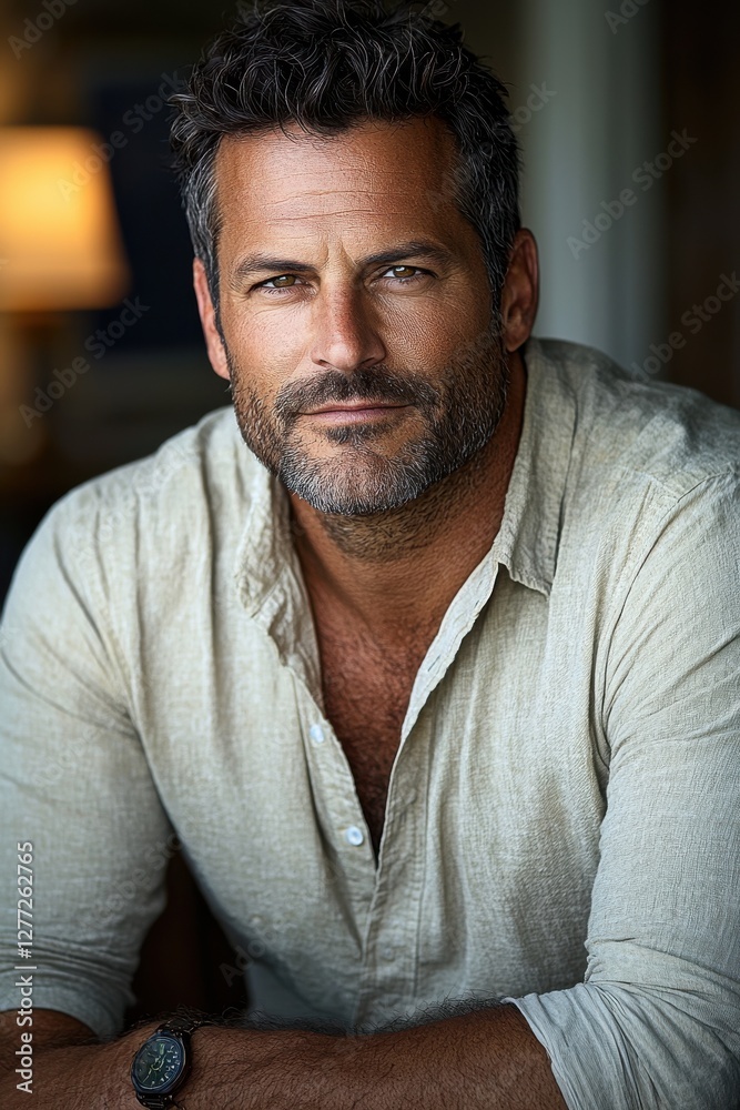 Confident man in light shirt poses for casual portrait in cozy indoor setting with soft lighting Confident man in light shirt poses for casual portrait in cozy indoor setting with soft lighting