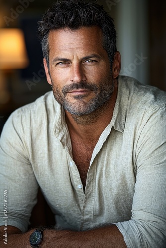 Confident man in light shirt poses for casual portrait in cozy indoor setting with soft lighting