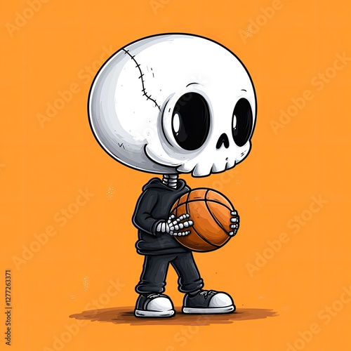 A cute cartoon skeleton wearing a black hoodie and holding a basketball.