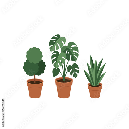 Three Potted Plants with Green Leaves in Terracotta Pots Illustration