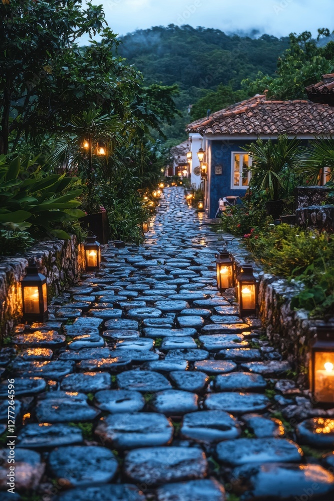 Obraz premium Cobblestone path illuminated by lanterns in a serene village under a cloudy evening sky