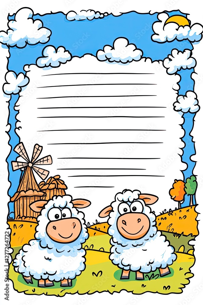 A blank letter paper template with a cartoon farm scene, two white sheep in the foreground, a windmill, and a hay bale, with a blue sky and white clouds above. A blank letter paper template with a cartoon farm scene, two white sheep in the foreground, a windmill, and a hay bale, with a blue sky and white clouds above.