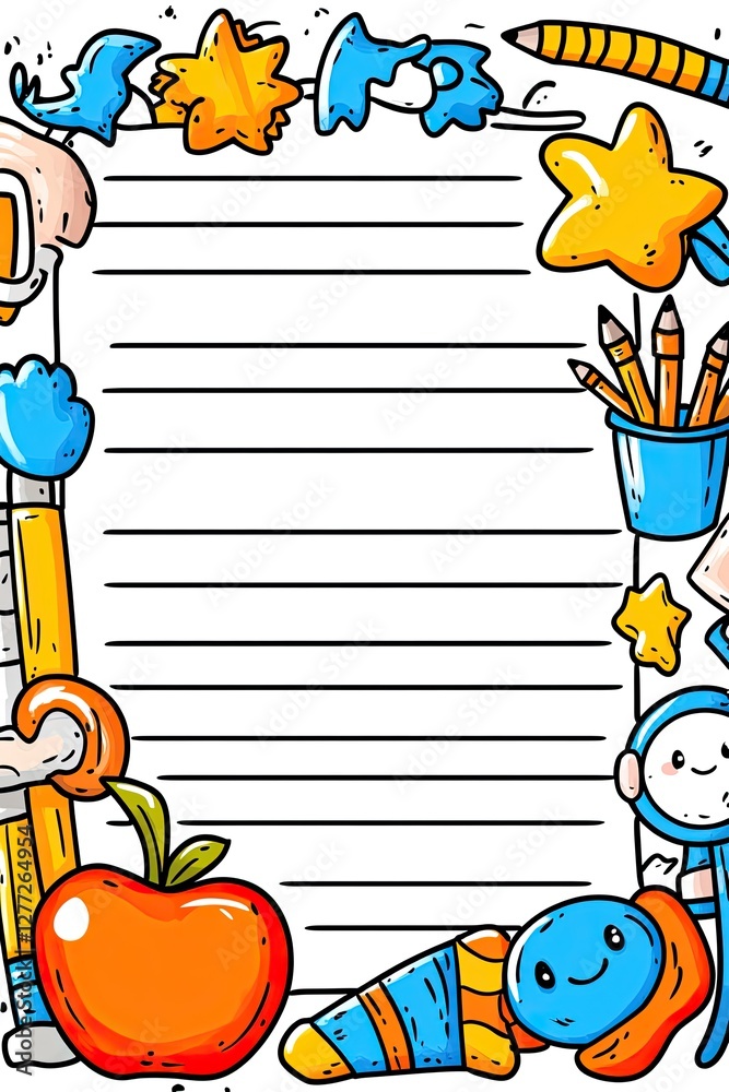 Fototapeta premium A blank lined paper surrounded by colorful school supplies.