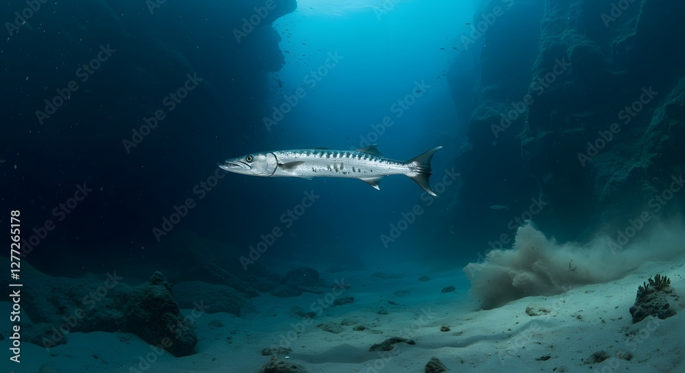 Fototapeta premium Barracuda Swimming in Ocean Cave with Sand and Blue Water