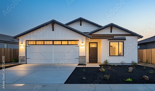A front view of a modern home exterior with a garage door and wooden cladding, a front yard in the evening lighting,   photo