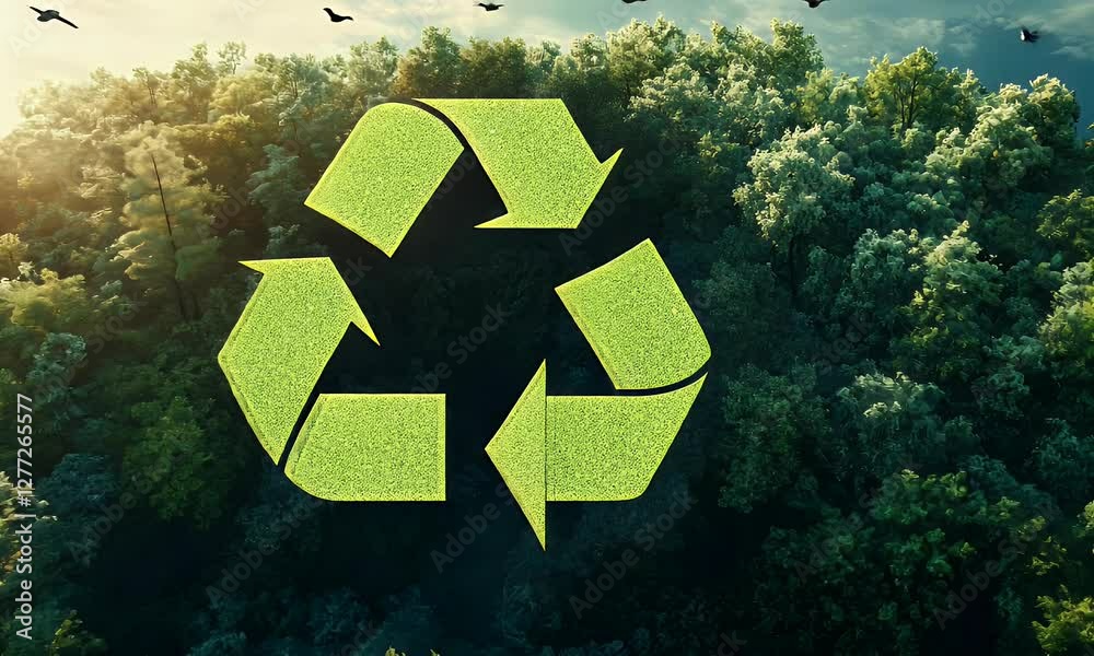 Green recycle symbol forest birds flight sunrise eco campaign