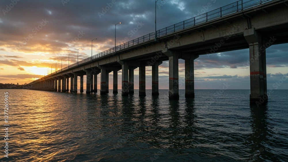 Bridge extending over ocean at sunset Bridge extending over ocean at sunset