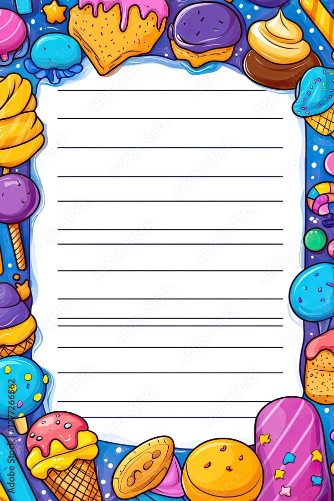 Fototapeta premium A blue and white lined paper with colorful sweets and candy border.