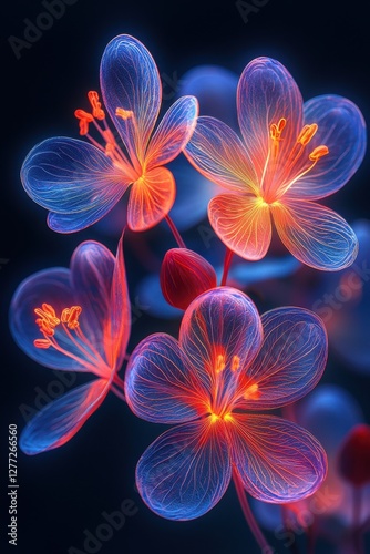 Vibrant glowing flowers with intricate details showcasing a stunning display of bioluminescence in a dark background